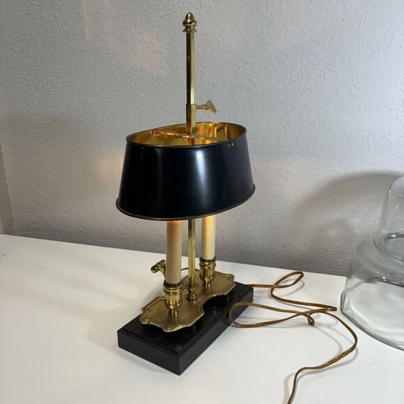 Black Shade Bouillette Lamp 2 Candlestick Lights Gold Brass Tone - Picture 8 of 16